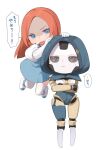  2girls android animification apex_legends ash_(titanfall_2) ashleigh_reid blue_dress blue_eyes blue_leotard boots chibi colored_sclera crossed_arms dress dual_persona elbow_gloves floating_hair frown gloves grey_eyes grey_sclera hand_on_another&#039;s_head highres hood hood_up hooded_leotard leotard looking_at_viewer metal_skin multiple_girls nagoooon_114 orange_hair parted_bangs shaded_face simple_background simulacrum_(titanfall) sweatdrop thigh-highs translation_request v-shaped_eyebrows white_background white_footwear white_gloves white_thighhighs 