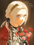 1girl armor cape closed_mouth edelgard_von_hresvelg fire_emblem fire_emblem:_three_houses fire_emblem_warriors:_three_hopes flower hair_ornament hair_ribbon long_hair looking_at_viewer mueririko official_alternate_costume official_alternate_hairstyle red_cape ribbon rose smile solo violet_eyes white_hair 