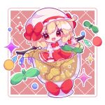  ascot bat_wings blonde_hair chibi cup flandre_scarlet hat hat_ribbon inukkomaru leaf mob_cap multicolored_wings one_side_up puffy_short_sleeves puffy_sleeves red_eyes red_skirt red_vest ribbon short_sleeves side_ponytail skirt skirt_set star_(symbol) touhou vest white_hat wings yellow_ascot 