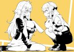  2girls aged_down commentary full_body girls_frontline greyscale holding holding_stuffed_toy long_hair looking_at_another monochrome multiple_girls nakiusagi official_alternate_costume simple_background sitting squatting stuffed_animal stuffed_toy symbol-only_commentary ump45_(agent_lop_rabbit)_(girls&#039;_frontline) ump45_(girls&#039;_frontline) ump9_(girls&#039;_frontline) ump9_(shiba_investigator)_(girls&#039;_frontline) wariza yellow_theme 