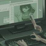  1girl 1other computer cursor daisen_(specialdaisen) fingernails green_theme highres keyboard_(computer) medium_hair microsoft_windows monitor open_mouth pixel_art ripples sharp_fingernails smile user_interface 