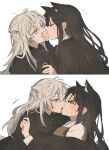 ... 2girls animal_ear_fluff animal_ears arknights black_hair black_jacket black_nails blush covering_another&#039;s_eyes covering_another&#039;s_mouth extra_ears fingernails grey_eyes grey_hair highres jacket kiss lappland_(arknights) looking_at_another multiple_girls sequential seri_(vyrlw) sweatdrop texas_(arknights) white_background wolf_ears yuri 
