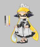  1girl absurdres agent_3_(splatoon) apron bee_hachino black_dress black_footwear black_headphones blonde_hair color_guide dress frilled_apron frills highres inkling inkling_girl inkling_player_character long_hair maid maid_apron maid_day maid_headdress pointy_ears puffy_sleeves simple_background solo splatoon_(series) splatoon_1 suction_cups tentacle_hair white_apron white_background yellow_eyes 