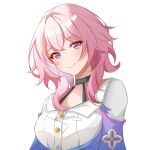  1girl black_choker blue_eyes blue_jacket breasts bu_weizhuang buttons choker closed_mouth earrings hair_between_eyes honkai:_star_rail honkai_(series) jacket jewelry long_sleeves looking_at_viewer march_7th_(honkai:_star_rail) medium_hair pink_eyes pink_hair shirt skirt smile solo two-tone_eyes upper_body white_shirt 