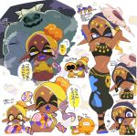  black_hair black_pants blonde_hair candy colored_eyelashes crop_top dark-skinned_female dark_skin ear_piercing fangs food frye_(splatoon) harem_pants highres inkling jewelry kiirono midriff pants piercing pointy_ears splatoon_(series) splatoon_3 tentacle_hair 