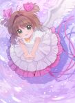  1girl :d antenna_hair bad_id bad_pixiv_id brown_hair cardcaptor_sakura dress feathered_wings flower frilled_dress frills from_above full_body green_eyes hair_intakes highres kinomoto_sakura looking_at_viewer looking_up magical_girl nkohime open_mouth pink_background puffy_short_sleeves puffy_sleeves ripples short_hair short_sleeves smile solo water white_dress white_flower white_wings wings 