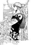  1boy bag bandana_around_arm closed_mouth clouds cowboy_shot crossed_arms earrings enahr_1111 goggles goggles_on_head greyscale jewelry leaf male_focus monochrome one_piece pants profile roronoa_zoro short_hair shoulder_bag solo tank_top twitter_username 