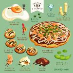  cheese edamame egg_(food) food food_focus food_name fork fried_egg holding holding_fork issiki_toaki marble_(toy) mayonnaise no_humans okonomiyaki original pea_pod sauce takoyaki 