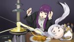 2girls black_robe blurry capelet cheese commentary_request dress earrings elf fern_(sousou_no_frieren) fondue fondue_au_fromage food frieren highres holding holding_spoon jewelry long_hair long_sleeves meme multiple_girls open_mouth plate pointy_ears purple_hair robe sousou_no_frieren spoon tasty_hoon_cheese_fondue_(meme) tenten_(chan4545) twintails violet_eyes white_capelet white_dress white_hair 