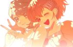  2girls arm_around_shoulder bare_shoulders brown_eyes brown_hair camisole carbonacid choker closed_mouth earphones earphones_removed hair_between_eyes hair_ornament hairclip hand_up highres jewelry light_blush looking_at_viewer medium_hair multiple_girls one_eye_closed open_mouth persona persona_3 persona_3_portable pink_camisole pink_shirt red_eyes ring shiomi_kotone shirt short_hair short_sleeves smile spaghetti_strap swept_bangs takeba_yukari upper_body v white_background white_choker 
