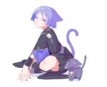 0_mix_9 1boy animal_ears armor cat cat_boy cat_ears cat_tail closed_eyes closed_mouth commentary from_side genshin_impact highres japanese_armor japanese_clothes kote kurokote male_focus nuzzle own_hands_together purple_hair scaramouche_(cat)_(genshin_impact) scaramouche_(genshin_impact) simple_background sitting tail violet_eyes white_background wide_sleeves 