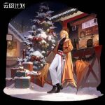  1girl :d absurdres ankle_boots bag beanie belt black_background black_footwear black_hat black_sweater blonde_hair boots bow box christmas christmas_ornaments christmas_tree christmas_wreath closed_umbrella coat coffee_cup copyright_name crossed_legs cup disposable_cup dlgeria food_stand full_body gift gift_box girls&#039;_frontline_neural_cloud girls_frontline hair_between_eyes hat highres holding holding_bag holding_cup jewelry logo long_hair looking_to_the_side menu_board night night_sky official_art orange_coat orange_umbrella outdoors pants pendant red_belt red_bow shopping_bag sky smile snow sol_(neural_cloud) solo standing star_(sky) starry_sky steam string_of_light_bulbs stuffed_animal stuffed_toy sweater sweater_tucked_in teddy_bear turtleneck turtleneck_sweater umbrella very_long_hair weibo_logo white_pants winter wreath yellow_eyes 