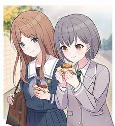  2girls bag bang_dream! bang_dream!_it&#039;s_mygo!!!!! blue_eyes blue_shirt blue_skirt blurry bokeh brown_eyes brown_hair chewing closed_mouth collared_shirt commentary day depth_of_field eating food green_necktie grey_hair grey_jacket haneoka_school_uniform highres holding holding_food jacket long_hair long_sleeves multiple_girls nagasaki_soyo necktie novi_visual outdoors roasted_sweet_potato sailor_collar school_uniform shirt short_hair shoulder_bag skirt smile sweet_potato symbol-only_commentary takamatsu_tomori tsukinomori_school_uniform upper_body white_sailor_collar white_shirt 