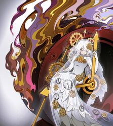  1girl 1other blue_eyes clock clock_hair_ornament clock_hands closed_mouth dante_(limbus_company) e.g.o_(project_moon) elbow_gloves everlasting_(e.g.o) faust_(project_moon) fire flaw_eight gear_hair_ornament gloves hand_up highres limbus_company looking_down mini_person minigirl project_moon short_hair simple_background sitting white_background white_gloves white_hair white_veil 