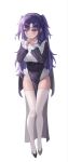  1girl absurdres alternate_costume black_footwear blue_archive blush breasts closed_mouth full_body highres long_hair long_sleeves looking_at_viewer medium_breasts mella_(mell_a12) purple_hair shoes simple_background solo thigh-highs two_side_up violet_eyes white_background white_thighhighs yuuka_(blue_archive) 