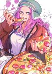  1girl absurdres brown_jacket crop_top eating english_commentary food food_on_face fur_jacket hat highres holding holding_food jacket jewelry_bonney jolly_roger long_hair looking_to_the_side mygiorni one_piece pink_hair pizza pizza_slice shirt simple_background smile smoke solo suspenders twitter_username violet_eyes white_shirt 
