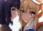  2girls asaka_karin blonde_hair blue_eyes blue_hair blunt_bangs closed_mouth commentary_request diverdiva eternal_light_(love_live!) gloves hand_on_another&#039;s_cheek hand_on_another&#039;s_face highres koukoutou_(seikoutoutei) looking_at_viewer love_live! love_live!_nijigasaki_high_school_idol_club miyashita_ai multiple_girls orange_eyes parted_lips portrait sidelocks upper_body white_background white_gloves 