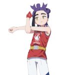  1boy black_hair cross-body_stretch gloves kieran_(pokemon) male_focus mole mole_on_neck nun_x_x parted_lips partially_fingerless_gloves pokemon pokemon_sv purple_hair red_gloves red_tank_top shorts simple_background single_glove solo stretching tank_top white_background white_shorts yellow_eyes 