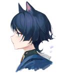  1boy animal_ear_fluff animal_ears animal_hands black_shirt blue_cape blue_eyes blue_hair blunt_ends cape cat_ears closed_mouth commentary dark_blue_hair eyeshadow genshin_impact gold_necklace hair_between_eyes half-closed_eyes jewelry kemonomimi_mode looking_to_the_side makeup male_focus mandarin_collar necklace no_headwear red_eyeshadow reito6 scaramouche_(genshin_impact) shirt short_hair simple_background solo symbol-only_commentary upper_body vest wanderer_(genshin_impact) white_background white_vest 