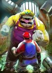  2boys artnerdx blue_overalls cleft_chin clenched_hands facial_hair gloves hat mario multiple_boys mustache overalls pointy_ears purple_overalls red_hat red_shirt sewer shirt super_mario_bros. wario water white_gloves yellow_hat yellow_shirt 