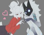  2girls absurdres cheap_(cheapdraw) furrification furry goat goat_tail grey_background heart heart_hands helltaker highres kindred_(league_of_legends) league_of_legends lucifer_(helltaker) mask mole mole_under_eye multiple_girls red_eyes red_shirt sheep sheep_tail shirt smug tail white_fur white_hair 