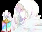  1boy black_background chinese_commentary cloak commentary_request harada_mutei highres holding holding_lantern hood hood_up hooded_cloak lantern long_sleeves male_focus parted_lips partially_colored qubagogo rainbow_gradient saibou_shinkyoku short_hair simple_background solo 