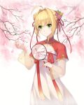  1girl ahoge alternate_costume alternate_hairstyle blonde_hair blush cherry_blossoms chinese_clothes closed_mouth double_bun dress fate/extra fate/grand_order fate_(series) flower green_eyes hair_between_eyes hair_bun hair_flower hair_intakes hair_ornament hair_ribbon hand_fan hanfu highres holding holding_fan long_sleeves looking_at_viewer nero_claudius_(fate) nero_claudius_(fate/extra) paper_fan peach_blossom pink_flower qixiong_ruqun red_ribbon ribbon see-through see-through_sleeves short_hair sidelocks smile solo standing tange_sakura tuanshan uchiwa wide_sleeves yinwu 