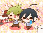  2boys ahoge alternate_costume amami_rantaro antenna_hair apron bear black_eyes black_footwear black_hair blue_shirt bow brown_apron brown_bow brown_pants buttons chibi collared_shirt commentary_request cup danganronpa_(series) danganronpa_v3:_killing_harmony drink drinking drinking_straw ear_piercing earrings eyelashes eyes_visible_through_hair flying_sweatdrops food glass green_hair grey_scarf grid_background holding holding_cup holding_plate ice ice_cube jewelry light_blush long_sleeves male_focus monotaro_(danganronpa) multiple_boys multiple_piercings nervous nervous_sweating notice_lines on_chair open_mouth pacifier pants piercing pink_background plaid plaid_shirt plate polka_dot polka_dot_background saihara_shuichi scarf shadow shirt shoes short_hair simple_background sitting sleeves_past_fingers sleeves_past_wrists smile solid_oval_eyes starry_background stud_earrings sweat table teacup translation_request uniform unmoving_pattern v-shaped_eyebrows waist_apron waist_bow waiter whipped_cream yumaru_(marumarumaru) 