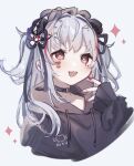  1girl black_bow black_choker black_sweater blush bow choker commentary_request drawstring hair_ornament hairclip hand_up heart heart-shaped_pupils highres hood hood_down hooded_sweater indie_virtual_youtuber kuromu_(96-94) long_hair looking_at_viewer messy_hair open_mouth red_nails redhead sabita_hagane sharp_teeth sidelocks simple_background sleeves_past_wrists solo sparkle sweater symbol-shaped_pupils teeth upper_body virtual_youtuber white_background white_hair x_hair_ornament 