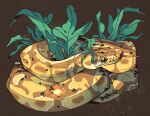  animal animal_focus ball_python brown_background brown_eyes commentary commission english_commentary full_body highres leaf no_humans original python rentgraham signature simple_background snake solo tongue tongue_out 