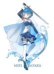  1girl :o ankle_boots aqi233 arm_up blue_eyes blue_footwear blue_hair blue_skirt bodice boots cape character_name detached_sleeves dot_nose full_body gloves hair_ornament highres leg_up looking_at_viewer mahou_shoujo_madoka_magica mahou_shoujo_madoka_magica_(anime) miki_sayaka musical_note musical_note_hair_ornament no_sclera open_mouth short_hair simple_background skirt solo staff_(music) standing standing_on_one_leg thigh-highs water white_background white_cape white_gloves white_thighhighs 