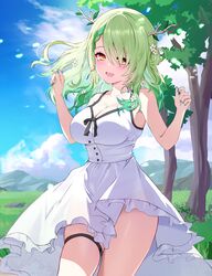  1girl antlers ar-khey breasts ceres_fauna commission dress earrings flower green_hair green_nails hair_flower hair_ornament hair_over_one_eye highres hololive hololive_english horns jewelry large_breasts leaf medium_hair open_mouth thigh_strap virtual_youtuber white_dress yellow_eyes 