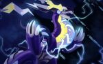  absurdres black_sclera colored_sclera dragon highres lightning looking_at_viewer miraidon night open_mouth outdoors pokemon pokemon_(creature) solo thecatherd 