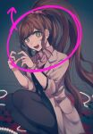  1girl :d bead_necklace beads black_pantyhose black_skirt brown_hair collared_shirt danganronpa_(series) danganronpa_3_(anime) dress_shirt feet_out_of_frame hands_up highres jewelry lab_coat long_sleeves necklace pantyhose ponytail shirt skirt smile solo teeth unworn_jewelry unworn_necklace upper_teeth_only yukizome_chisa zui_nianshao 