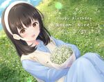  1girl :d black_hairband blue_dress blush bouquet brown_eyes brown_sweater_vest character_name commentary_request dated dress flower hairband happy_birthday holding holding_bouquet long_hair long_sleeves looking_at_viewer nirei_nozomi open_mouth real_life sitting smile solo sweater_vest voice_actor white_flower white_hairband yutuki_ame 
