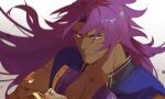  1boy armlet bhima_(fate) biceps blue_vest collar collarbone dark-skinned_male dark_skin embroidery fate/grand_order fate_(series) gold highres koroponsu3 large_pectorals long_hair looking_at_viewer male_focus muscular muscular_male pectorals portrait purple_hair purple_vest smile upper_body vest violet_eyes white_background 