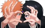  1boy 1girl :/ black_hair black_kimono bleach blush brown_eyes close-up closed_mouth commentary_request couple eyebrows_hidden_by_hair eyelashes foreshortening gwao_(_ul_13) hair_between_eyes hands_up heads_together heart heart_hands heart_hands_duo hetero highres japanese_clothes kimono korean_commentary kuchiki_rukia kurosaki_ichigo long_sleeves looking_at_another looking_to_the_side open_mouth orange_hair short_hair shy side-by-side simple_background spiky_hair straight_hair tsurime v-shaped_eyebrows violet_eyes white_background wide_sleeves 