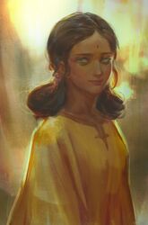  1girl bindi black_hair dark-skinned_female dark_skin double_bun dress green_eyes gundam hair_bun hangleing lalah_sune looking_at_viewer mobile_suit_gundam smile solo upper_body yellow_dress 