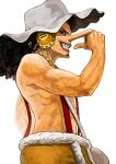  1boy bad_id bad_pixiv_id bare_shoulders black_hair clenched_teeth curly_hair facial_hair goatee goggles goggles_around_neck hat headphones lack long_nose male_focus medium_hair one_piece overalls simple_background smile solo standing teeth topless_male usopp white_background white_hat 