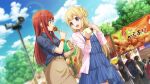  22/7 22/7_ongaku_no_jikan 2girls blonde_hair blue_dress blue_jacket blue_sky blurry bracelet brown_skirt chicken_(food) clouds depth_of_field dress dutch_angle eating food food_stand fried_chicken fujima_sakura game_cg highres holding holding_food holding_skewer horn_speaker jacket jewelry lens_flare long_hair looking_at_another menu_board multiple_girls non-web_source official_art outdoors pencil_skirt pink_jacket public_address_system red_eyes redhead sato_reika sidelocks single_hair_ring skewer skirt sky sparkle straight_hair taco violet_eyes 