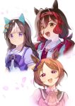  3girls :d animal_ears ascot beret black_hair bow bowtie braid brown_hair cherry_blossoms ear_bow ear_covers hachimaki hat head_tilt headband highres hokko_tarumae_(umamusume) horse_ears horse_girl horseshoe_ornament long_braid long_hair looking_at_viewer moko39_takasora multiple_girls no_reason_(umamusume) parted_bangs petals pink_ascot puffy_short_sleeves puffy_sleeves purple_bow purple_bowtie purple_serafuku purple_shirt red_headband sailor_collar sailor_shirt sakura_laurel_(umamusume) school_uniform serafuku shirt short_hair short_sleeves smile tracen_school_uniform twin_braids two-tone_bow umamusume upper_body violet_eyes white_hair white_hat yellow_eyes 