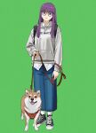  1girl absurdres alternate_costume black_footwear blunt_bangs closed_mouth dog fern_(sousou_no_frieren) glasses green_background hair_between_eyes highres holding holding_leash leash long_hair looking_at_viewer purple_hair shiren_(ourboy83) sidelocks simple_background solo sousou_no_frieren standing violet_eyes 