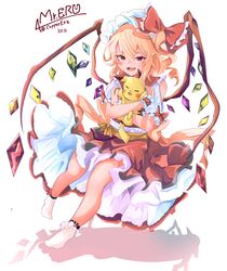  1girl absurdres blonde_hair closed_eyes crystal_wings flandre_scarlet floating frills full_body hat hat_ribbon highres mister_eru open_mouth pikachu pokemon red_ribbon ribbon side_ponytail socks solo_focus touhou white_mob_cap wrist_cuffs 