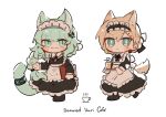  2girls :3 animal_ear_fluff animal_ears apron arknights black_bow black_dress blonde_hair blush_stickers bow character_request chibi closed_mouth commentary dress english_commentary english_text frilled_apron frills green_eyes green_hair hair_between_eyes harmonie_(arknights) highres holding holding_tray long_sleeves maid maid_apron maid_headdress multiple_girls puffy_long_sleeves puffy_sleeves reiya_(yukeewoof) simple_background slit_pupils tail tray white_apron white_background 