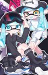  2girls bike_shorts black_shirt blue_eyes blue_hair colored_mouth goggles goggles_on_head hat highres inkling inkling_girl inkling_player_character kyani_kamo multiple_girls pointy_ears shirt splatoon_(series) splatoon_3 suction_cups tentacle_hair tongue tongue_out white_shirt yellow_eyes 