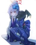  1girl absurdres bj8103 blue_archive flower fur-trimmed_kimono fur_trim grey_hair hair_bun hair_flower hair_ornament halo hands_on_own_face haruna_(blue_archive) haruna_(new_year)_(blue_archive) highres japanese_clothes kimono official_alternate_costume print_kimono purple_kimono red_eyes red_halo shadow simple_background single_wing solo white_background wing_piercing wings 