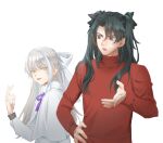 2boys archer_(fate/samurai_remnant) bow capelet cosplay dress fate/samurai_remnant fate_(series) fur-trimmed_capelet fur_trim green_hair grey_hair hair_bow hair_ribbon half_updo keclpshvli long_hair male_focus multicolored_hair multiple_boys orange_eyes red_sweater ribbon smile streaked_hair sweater tohsaka_rin tohsaka_rin_(cosplay) turtleneck two_side_up white_bow white_capelet white_hair white_len_(tsukihime) yellow_eyes zheng_chenggong_(fate) 
