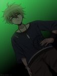  1boy amami_rantaro antenna_hair artist_name black_background bracelet brown_pants collarbone danganronpa_(series) danganronpa_v3:_killing_harmony dutch_angle ear_piercing earrings from_below frown green_background green_eyes green_hair hair_between_eyes hand_on_own_hip jewelry looking_at_viewer messy_hair necklace pants piercing ring shirt short_hair solo striped_clothes striped_shirt suiren_yurei 