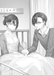  1boy 1girl bed breasts claw_hair_clip closed_mouth collarbone collared_shirt commentary_request frown furrowed_brow greyscale hair_between_eyes hair_ornament hair_over_one_eye hairclip highres holding_hands hospital_bed kuze_kyoutarou looking_at_another looking_at_viewer momoko_(momopoco) monochrome parted_lips second-party_source shirt short_hair sitting suou_yumi tokidoki_bosotto_roshia-go_de_dereru_tonari_no_arya-san wing_collar 