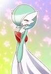  bob_cut closed_eyes dress floral_background gardevoir gradient_background green_hair hair_over_one_eye lowres open_mouth pokemon pokemon_(creature) shiratsuki_(royal_moon) smile v_arms white_dress 